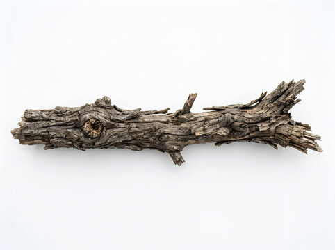 A weathered and textured piece of driftwood or dead tree branch, isolated on white background, driftwood, wood, branch, log, tree, nature, natural, texture, weathered, aged,