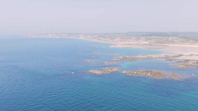 Aerial view of the scenic coastline at Anse du Croc near Frehel, Brittany, France.