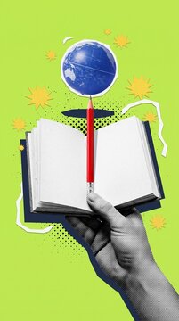creative collage of a hand holding a book with a globe and red pencil concept of global learning