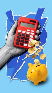 hand holding calculator with gold coins dropping into a piggy bank, concept of saving and finance