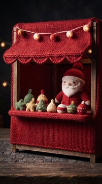 knitted santa and ornaments displayed in festive red stall with cozy lighting for christmas