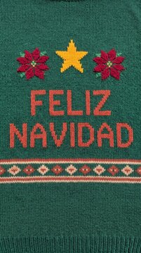 green christmas sweater with feliz navidad text and festive decorations, holiday season concept