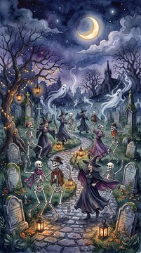 whimsical halloween scene with skeletons and witches dancing in a moonlit graveyard
