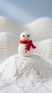 knitted snowman with red scarf on a soft woolen snow landscape, concept of handmade winter decor