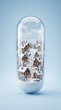 miniature winter village encapsulated in glass with snow falling, winter holiday concept