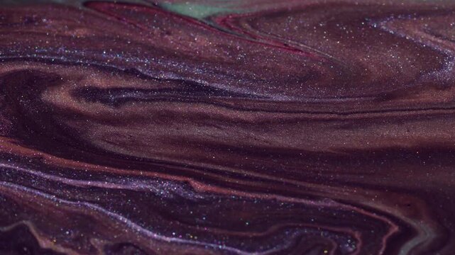 Paint spill. Pigment wave. Sparkling defocused marble fluid blend color texture. Brown black gray acrylic stream abstract background.