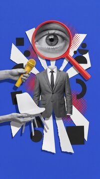 surreal collage art of faceless business suit with magnifying glass and microphone elements