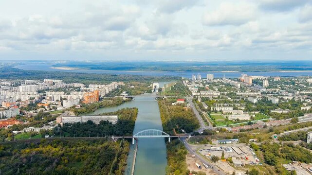 Volgograd, Russia. Krasnoarmeisky district. Volga-Don Canal. Drone footage