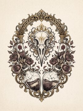 intricate tattoo design with skull, roses, and potion bottles in victorian style