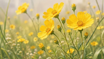 Fototapeta premium Bright yellow wildflowers bloom in a sunlit meadow on a warm summer day