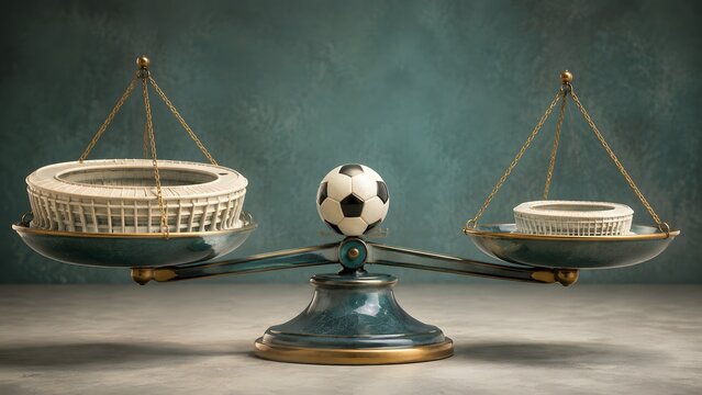 sports football competitive imbalance between large and small clubs on a balance scale

