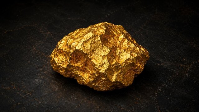 A large, rough gold nugget rests on a dark, textured surface