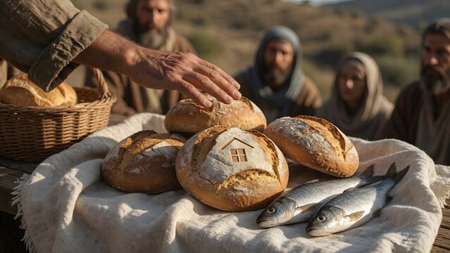 Jesus blessing five loaves and two fish while one loaf bears a subtle house-like mark on its surface