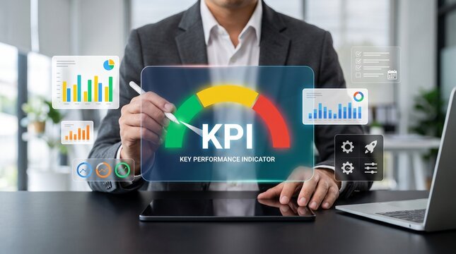 Businessman analyzing key performance indicators on digital tablet with businessman suit sitting desk data visualizations overlaid graph various data