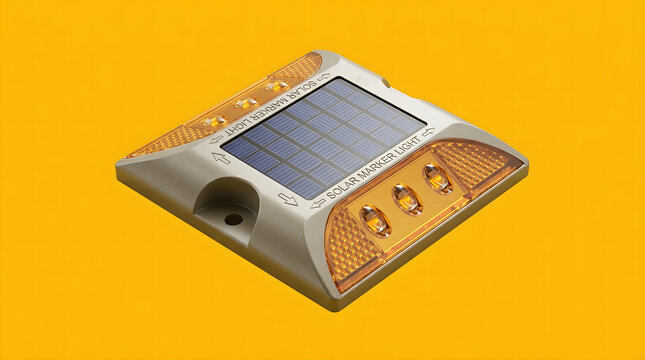 Isolated Solar-Powered LED Road Stud Marker on Yellow Background