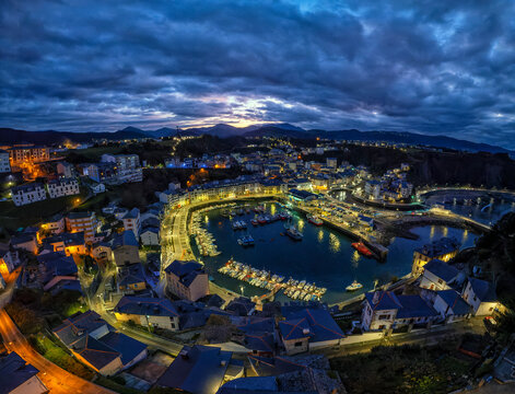 Famous view of Luarca, Spain from the region of Asturias at night.