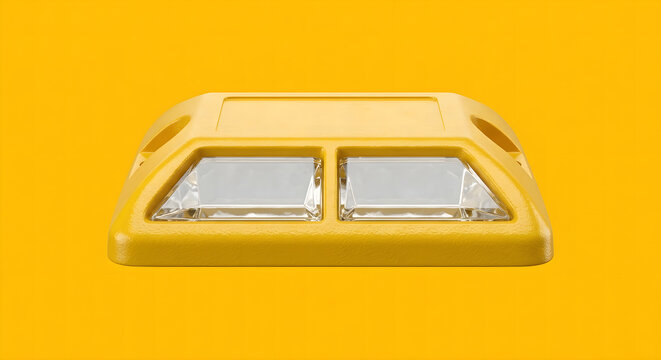 Photorealistic 3D Render of a Yellow Road Stud Reflector (Cat's Eye) Isolated on a Solid Background