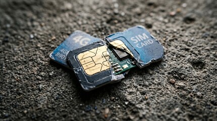 Broken sim cards on asphalt damaged mobile technology and communication failure concept © Universal Icons Lab