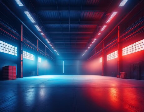 empty industrial warehouse with neon lights shining from above in the style of smokey background highly staged scenes red and azure ai generate