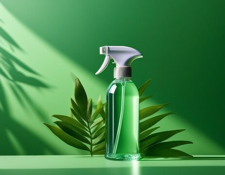 clear spray bottle on vivid green background close up