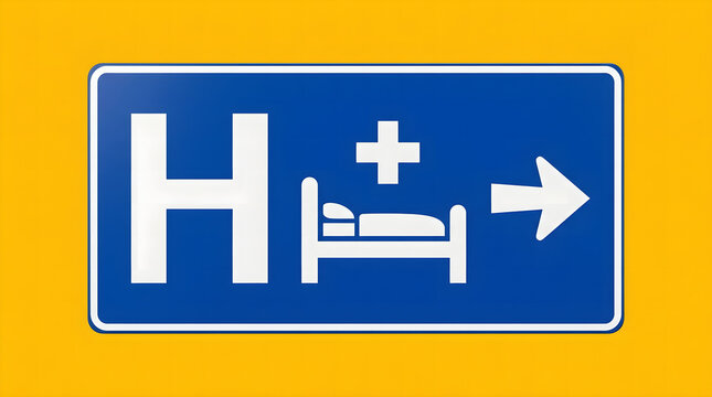 3D Render of Blue Hospital Direction Road Sign Isolated on Yellow Background