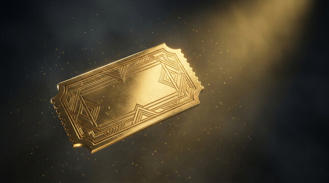 Golden ticket with art deco geometric pattern floating in dark background. Raffle or event pass concept. Promotional voucher for luxury sales event, Black Friday, or corporate party