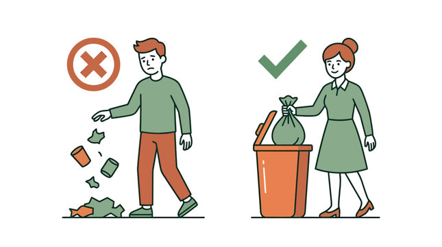 Illustration of people with trash disposal habits good and bad.