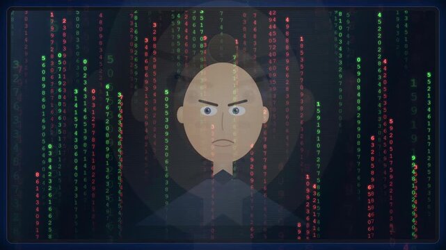 Digital avatar of an angry woman face overlaid with falling binary code data stream