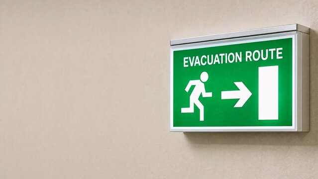 Green evacuation route sign mounted on wall indoors guiding building occupants to emergency exit for fire safety and emergency