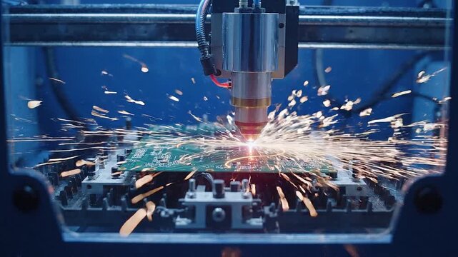 Industrial laser equipment cutting electronic circuit board. Automated manufacturing process with sparks flying. High precision technology for microchip production.
