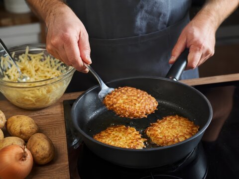 Kartoffelpuffer werden goldbraun in der Pfanne gebraten: H&auml;nde wenden frisch geriebene Kartoffelr&ouml;sti mit dem Pfannenwender &ndash; knuspriger deutscher Klassiker der Hausmannskost.