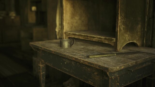 Close up worn workbench with cup metal cup resting on scuffed wooden surface, tiny dents and patina catching low light, fingerprints and tool marks suggesting