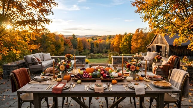 A beautifully decorated outdoor dining table set for a festive happy halloween celebration in a scenic garden with vibrant autumn fall foliage