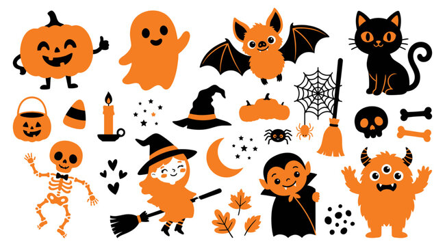 Cute collection of halloween themed vector illustrations featuring funny characters like pumpkins ghosts bats and a friendly little witch