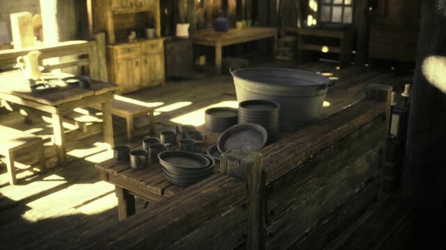 Sunlit rustic workbench covered with pottery, sunbeams through window, stacked bowls and plates on rough wooden table, dust motes floating in warm golden tones,