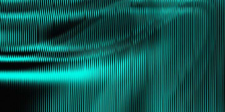 Abstract background, featuring vertical teal, lines with a, subtle wave distortion, effect creating a, rhythmic pattern on, a dark black backdrop