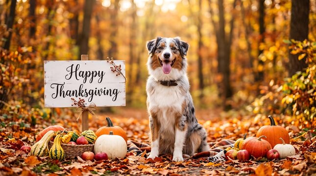 Happy thanksgiving greeting with a beautiful merle australian shepherd dog amidst autumn leaves and pumpkins
