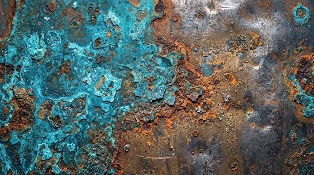 Close up of a metal surface showing a transition from vibrant blue green patina to textured orange rust and dark metallic base