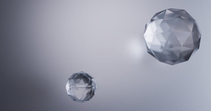 Crystal glass spheres metallic and refractive light grey background