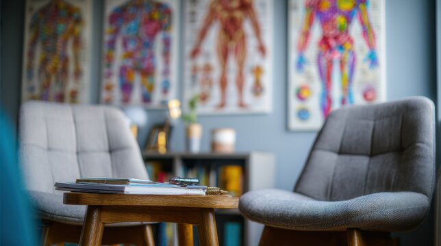 Medium shot of a cozy nutrition counseling space with a small wooden table two chairs and vibrant anatomical charts blurred in the background for focused consultation.