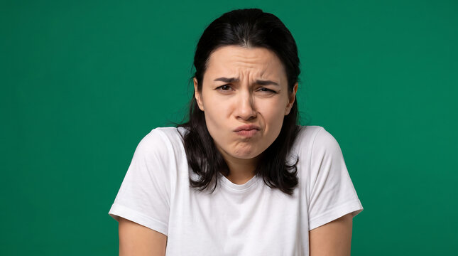 Unsure Woman in White T-Shirt Shrugging Shoulders on Green Background
