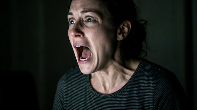 Scared Young Woman Screaming in Panic in Dark Environment