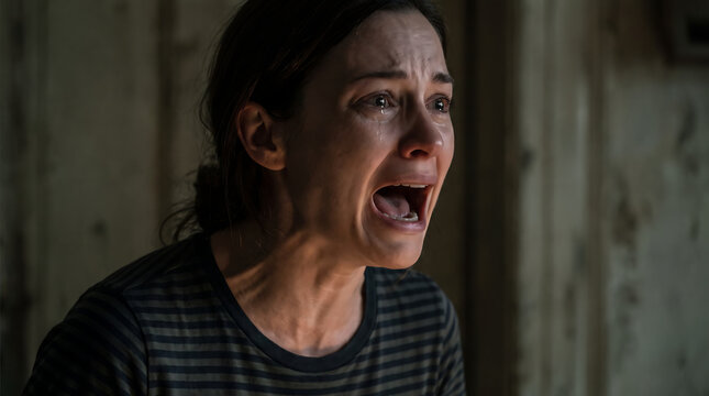 Desperate Crying Woman Screaming for Help in the Shadows