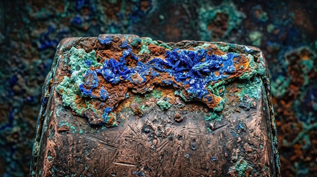 Close-up of a metal covered in vibrant blue azurite crystals and turquoise oxidation, resting on a dark, rusted copper background surface