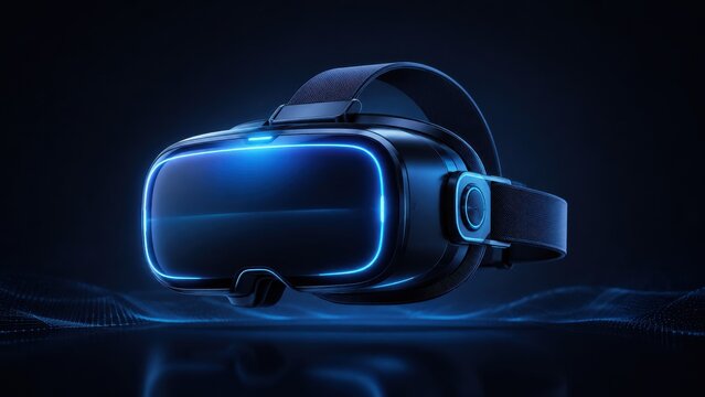 Futuristic virtual reality headset with glowing blue visor on dark background