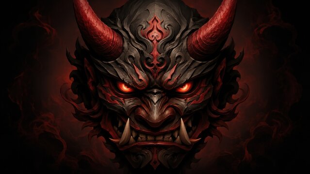 Fierce demonic mask with glowing red eyes and sharp horns