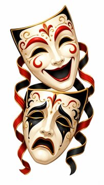 Comedy and tragedy masks with ornate red and black decorative ribbons
