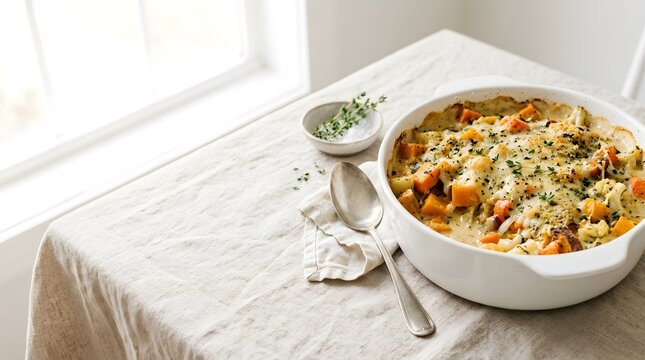 A delicious baked pasta dish served in a white ceramic bowl on a linen tablecloth for a cozy and festive happy halloween dinner