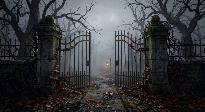 Spooky wrought iron gates opening to a foggy cemetery