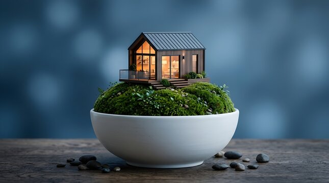 A tiny illuminated house structure is carefully constructed within a vibrant green plant growing inside a smooth white ceramic pot with a